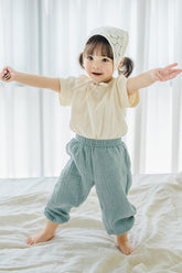 Toddler Girl Wearing Avauma Breeze Jogger Pants in Sage Mint, Comfortable Loose Fit Cotton Pants